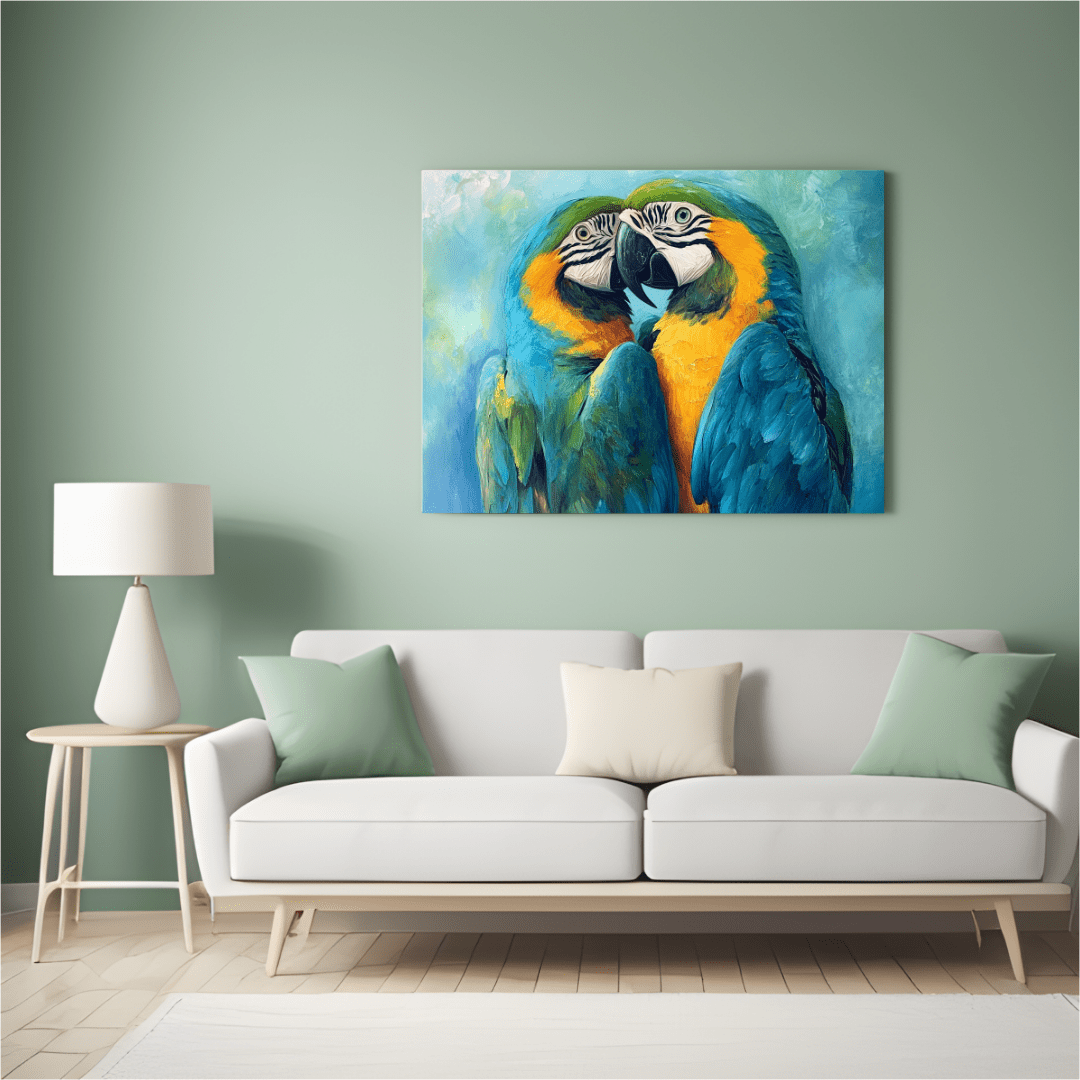 Vibrant Macaws Embrace - Bird Wall Art - Aestheticanvas