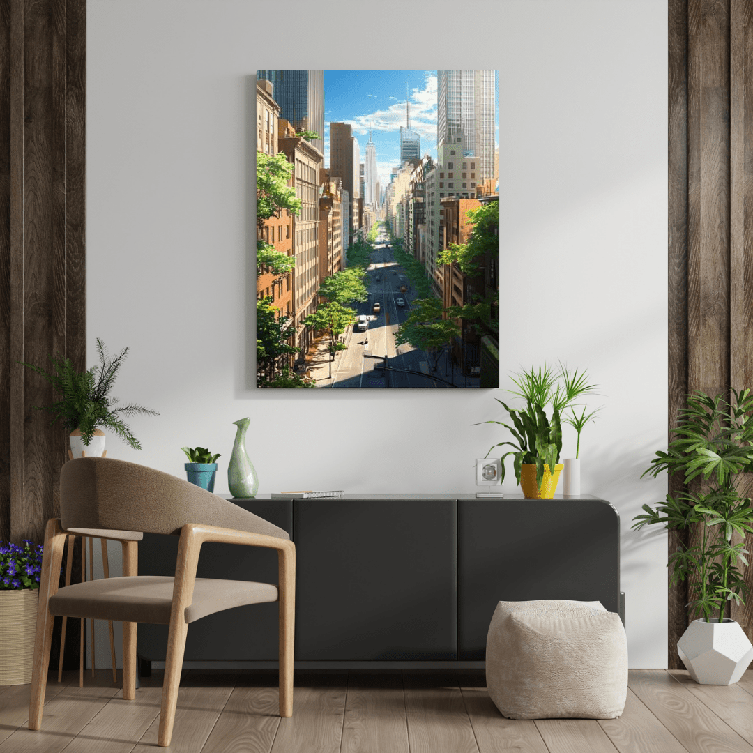 Vibrant Skyscrapers Street View - Cityscape Wall Art - Aestheticanvas