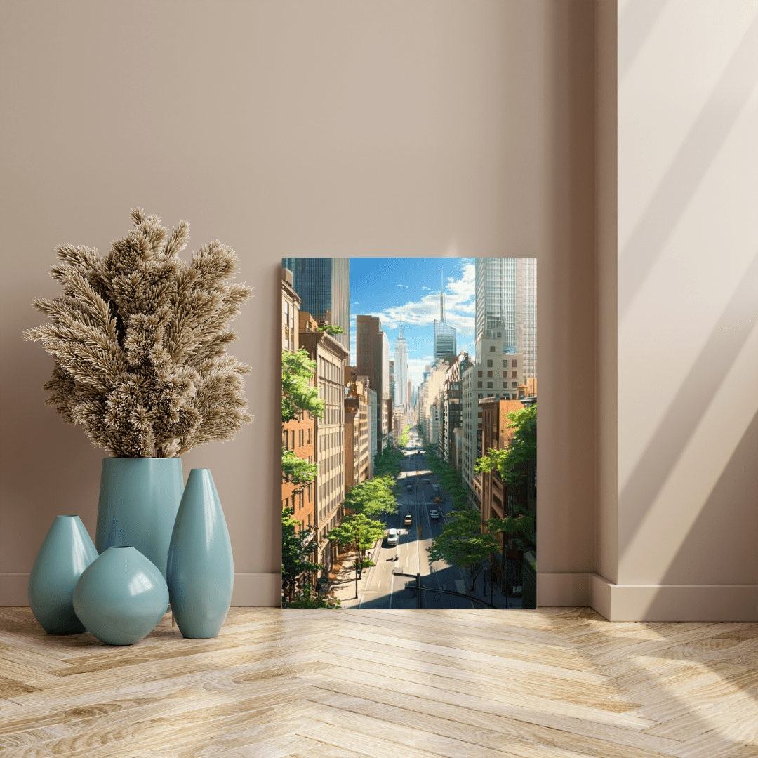 Vibrant Skyscrapers Street View - Cityscape Wall Art - Aestheticanvas