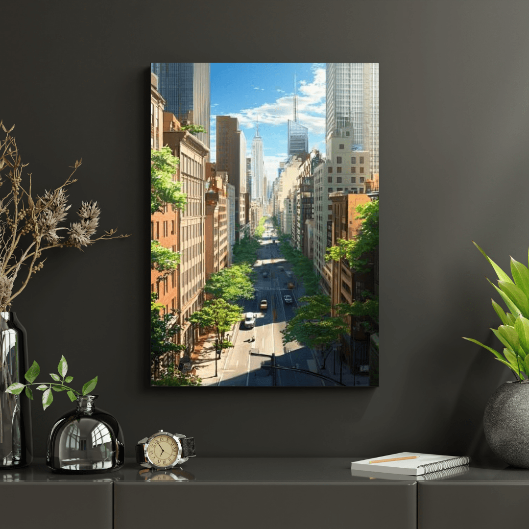 Vibrant Skyscrapers Street View - Cityscape Wall Art - Aestheticanvas