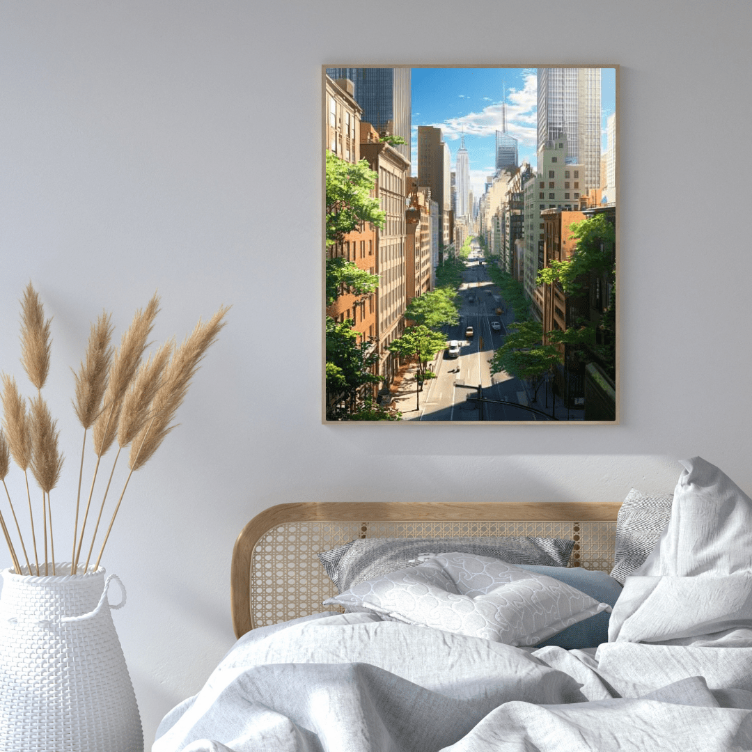 Vibrant Skyscrapers Street View - Cityscape Wall Art - Aestheticanvas