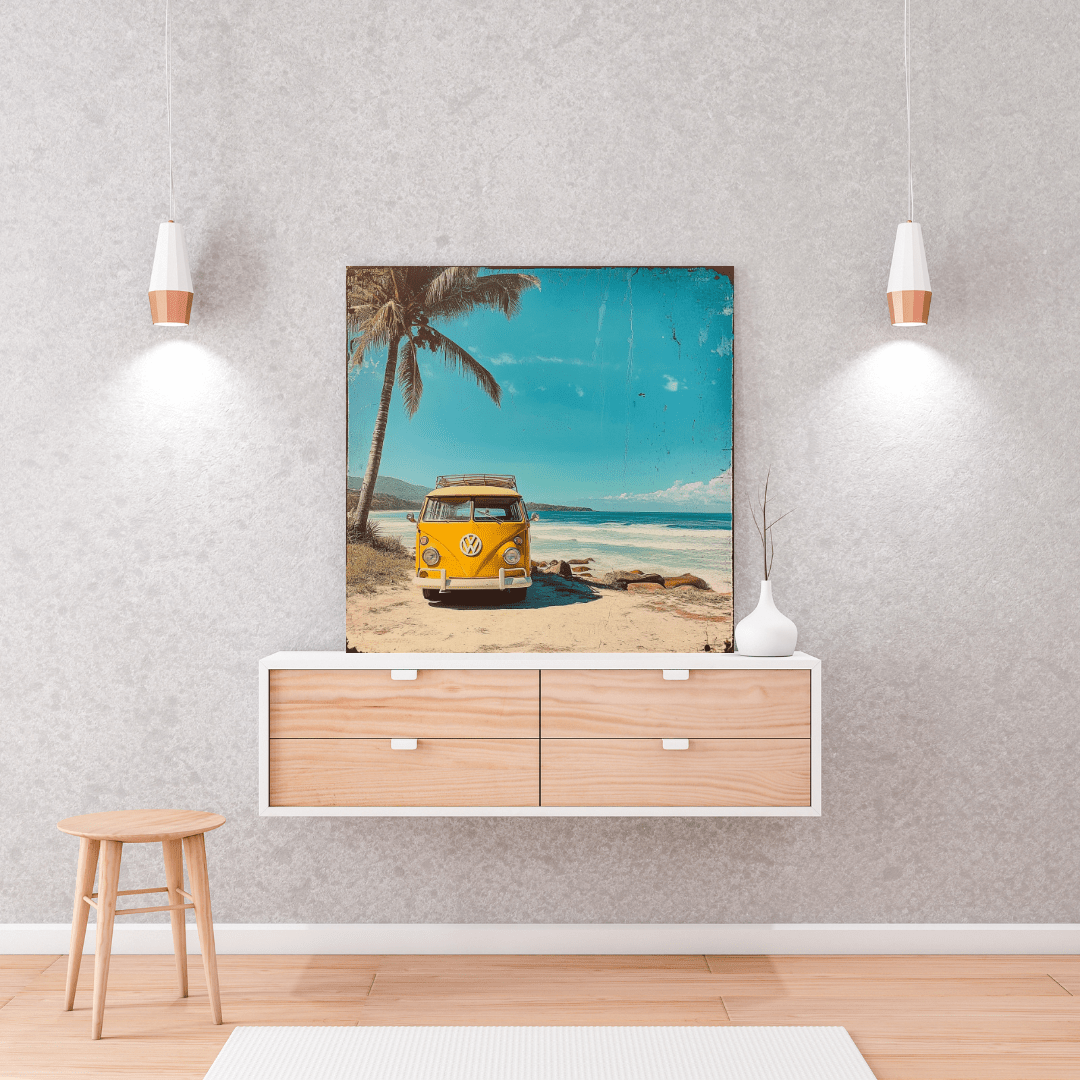 Vintage Yellow VW on Beach - Retro Wall Art - Aestheticanvas