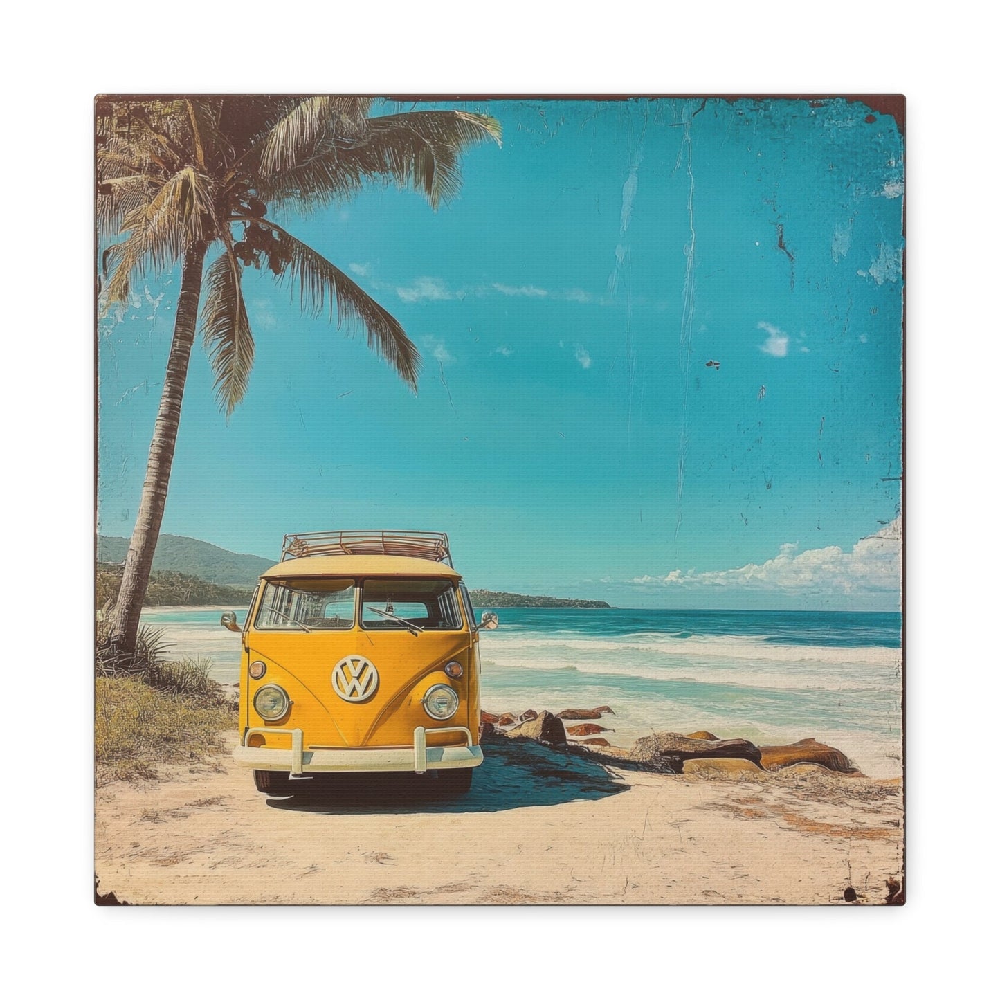 Vintage Yellow VW on Beach - Retro Wall Art - Aestheticanvas