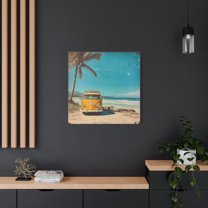 Vintage Yellow VW on Beach - Retro Wall Art - Aestheticanvas