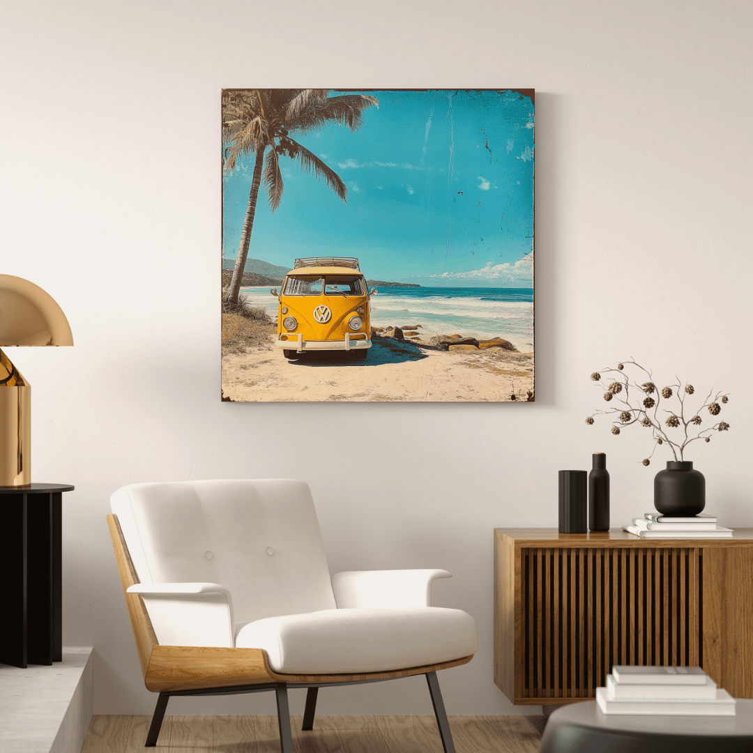 Vintage Yellow VW on Beach - Retro Wall Art - Aestheticanvas