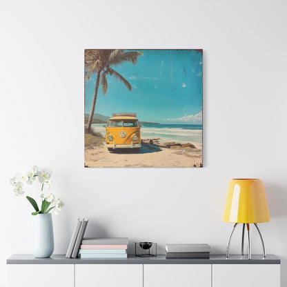 Vintage Yellow VW on Beach - Retro Wall Art - Aestheticanvas