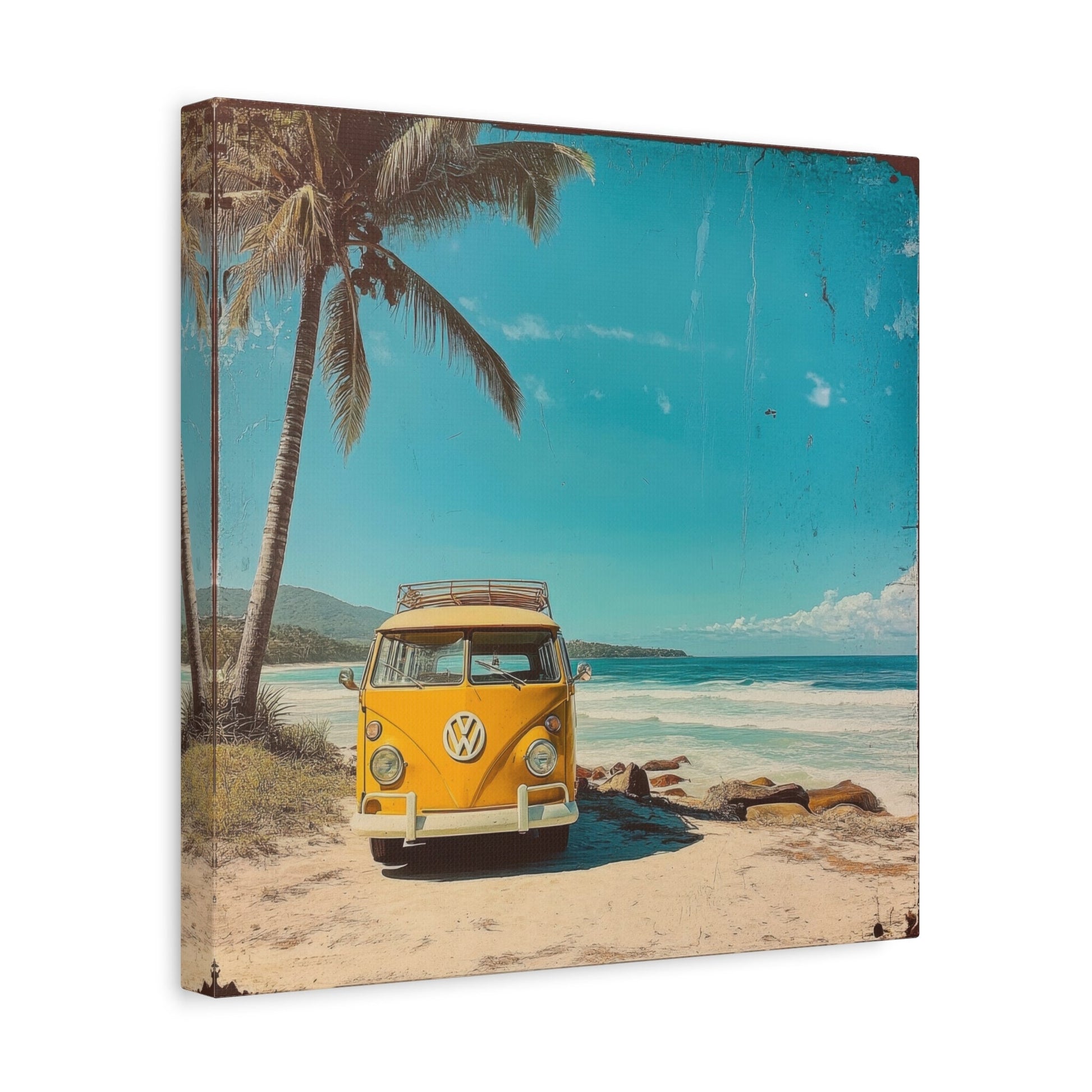 Vintage Yellow VW on Beach - Retro Wall Art - Aestheticanvas