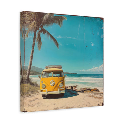 Vintage Yellow VW on Beach - Retro Wall Art - Aestheticanvas