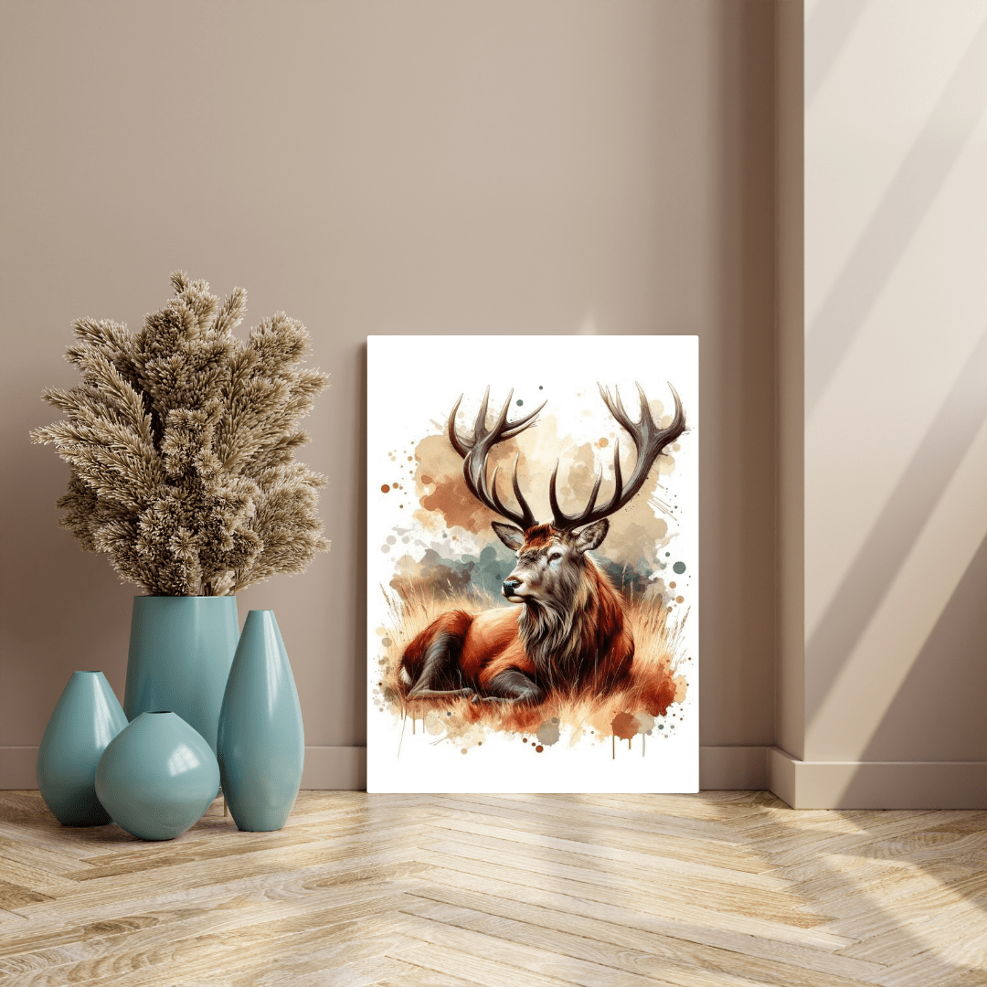 Watercolour Majestic Stag in Natural Setting - Deer Wall Art - Aestheticanvas