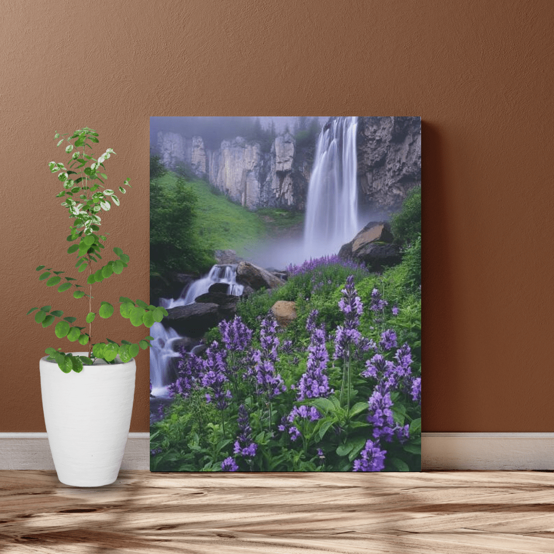 Waterfall and Floral Harmony - Landscape Wall Art - Aestheticanvas