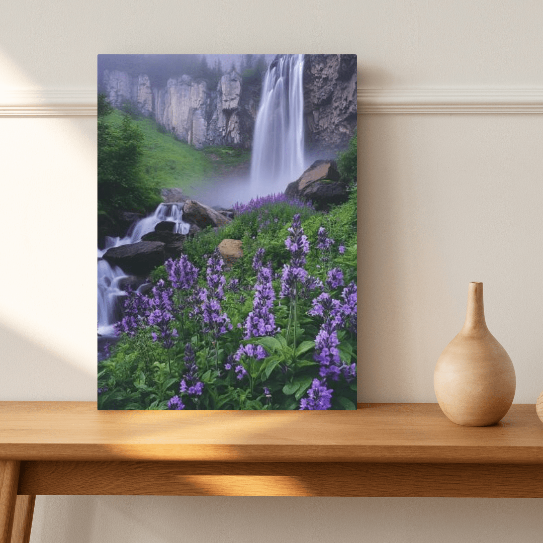 Waterfall and Floral Harmony - Landscape Wall Art - Aestheticanvas