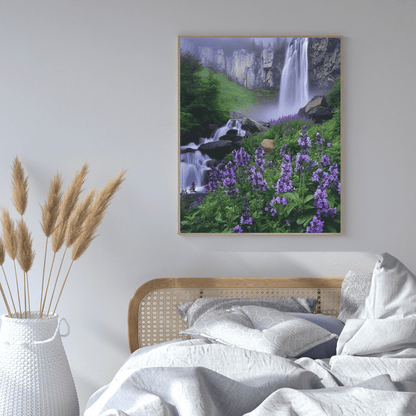 Waterfall and Floral Harmony - Landscape Wall Art - Aestheticanvas