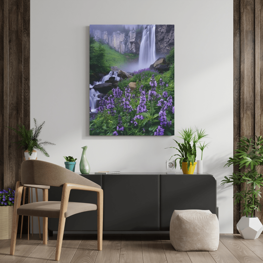 Waterfall and Floral Harmony - Landscape Wall Art - Aestheticanvas