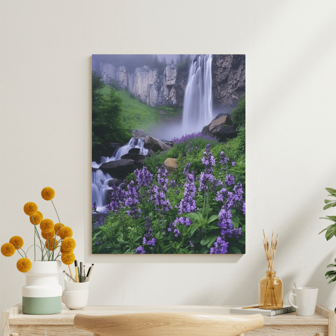 Waterfall and Floral Harmony - Landscape Wall Art - Aestheticanvas