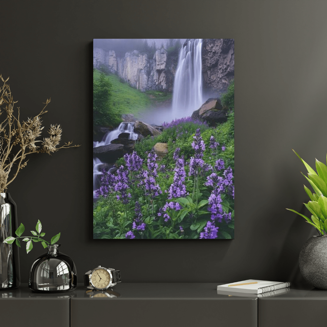 Waterfall and Floral Harmony - Landscape Wall Art - Aestheticanvas