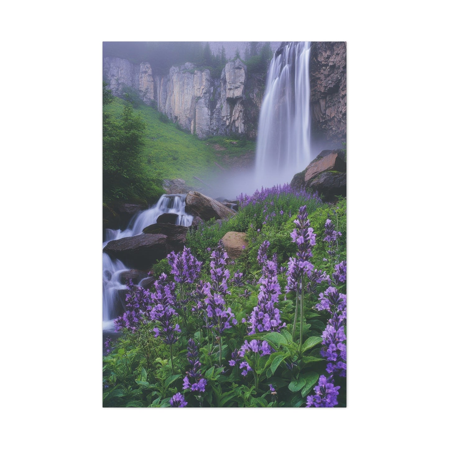 Waterfall and Floral Harmony - Landscape Wall Art - Aestheticanvas