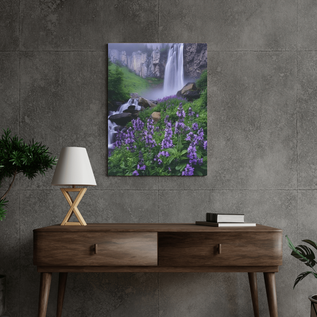 Waterfall and Floral Harmony - Landscape Wall Art - Aestheticanvas