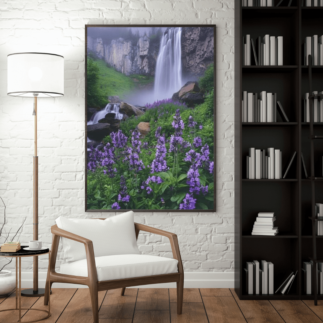 Waterfall and Floral Harmony - Landscape Wall Art - Aestheticanvas